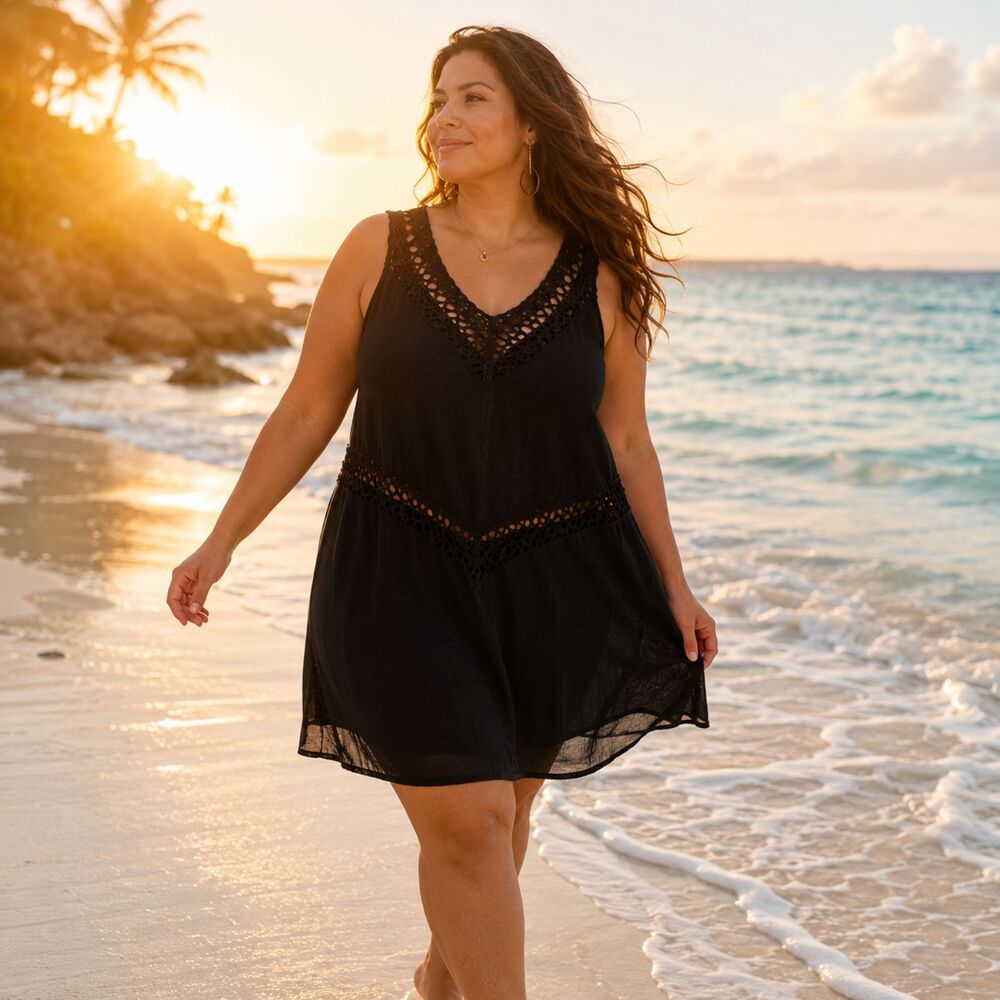 Crochet Beach Cover Up Tank Dress Plus Size 3X Black Resort Swim Flowing Dreamy